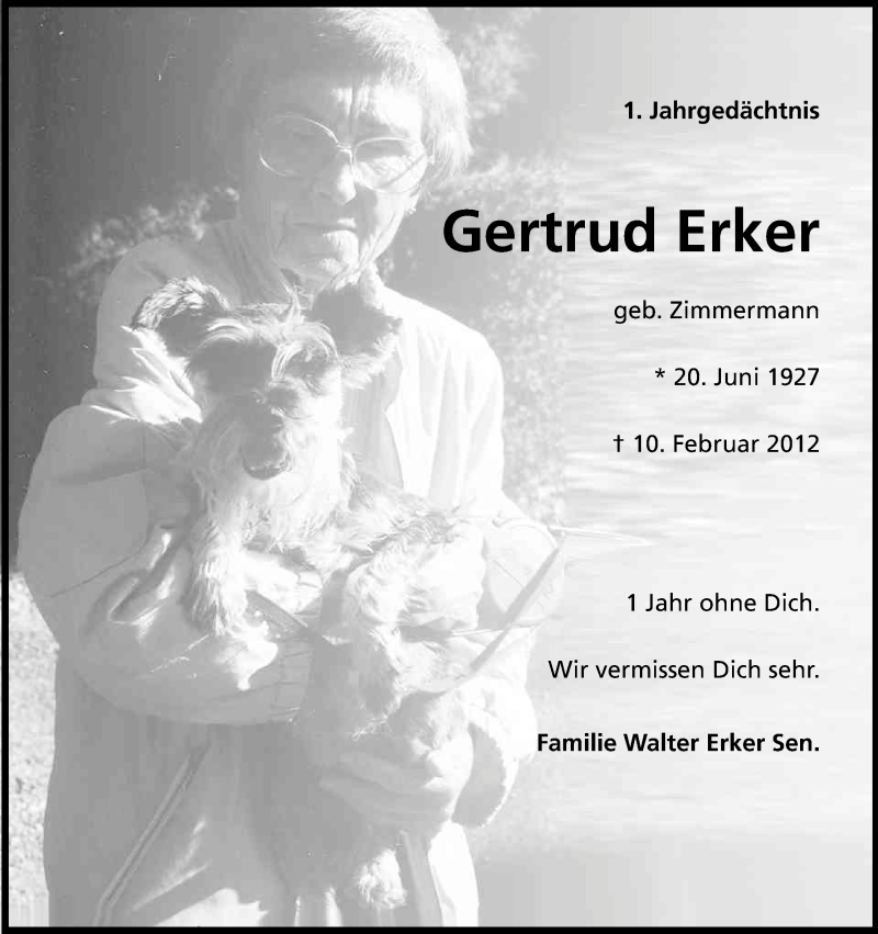  Traueranzeige für Gertrud Erker vom 09.02.2013 aus Kölner Stadt-Anzeiger / Kölnische Rundschau / Express