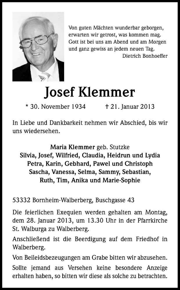  Traueranzeige für Josef Keller vom 26.01.2013 aus Kölner Stadt-Anzeiger / Kölnische Rundschau / Express