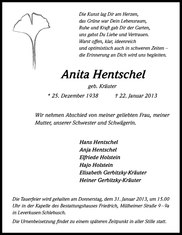  Traueranzeige für Anita Hentschel vom 26.01.2013 aus Kölner Stadt-Anzeiger / Kölnische Rundschau / Express