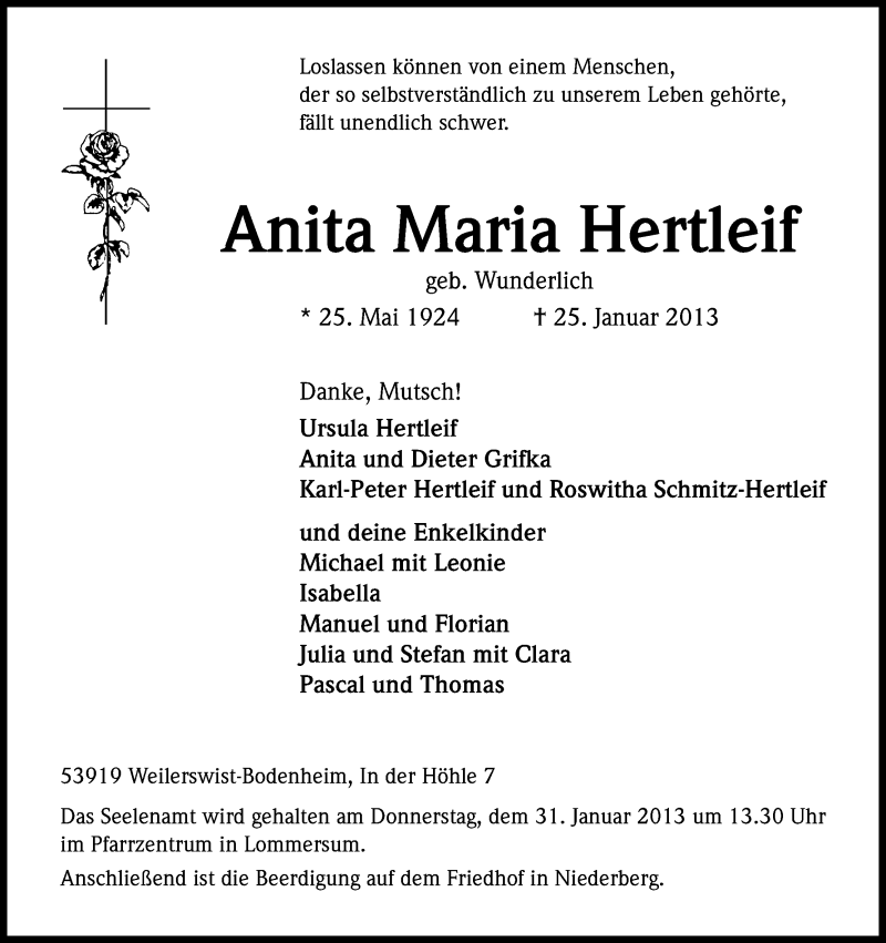  Traueranzeige für Anita Maria Hertleif vom 28.01.2013 aus Kölner Stadt-Anzeiger / Kölnische Rundschau / Express
