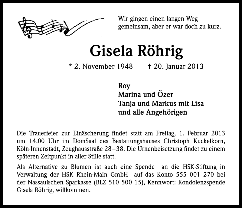  Traueranzeige für Gisela Röhrig - Smith vom 31.01.2013 aus Kölner Stadt-Anzeiger / Kölnische Rundschau / Express