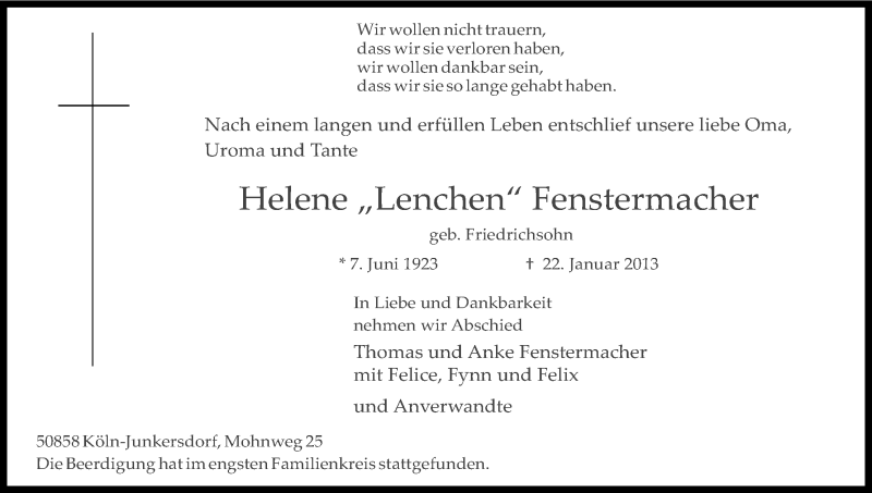  Traueranzeige für Helene Fenstermacher vom 02.02.2013 aus Kölner Stadt-Anzeiger / Kölnische Rundschau / Express