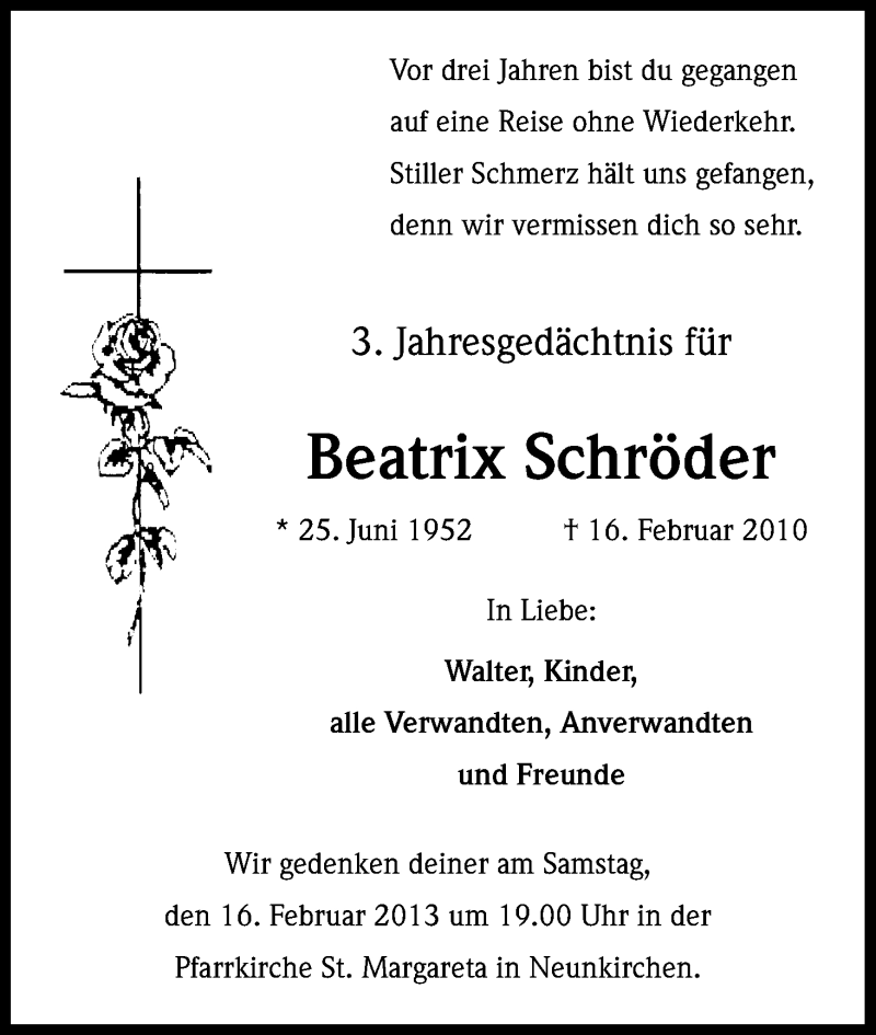  Traueranzeige für Beatrix Schröder vom 15.02.2013 aus Kölner Stadt-Anzeiger / Kölnische Rundschau / Express