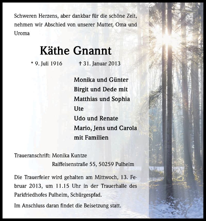  Traueranzeige für Käthe Gnannt vom 09.02.2013 aus Kölner Stadt-Anzeiger / Kölnische Rundschau / Express
