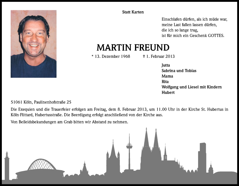  Traueranzeige für Martin Freund vom 06.02.2013 aus Kölner Stadt-Anzeiger / Kölnische Rundschau / Express