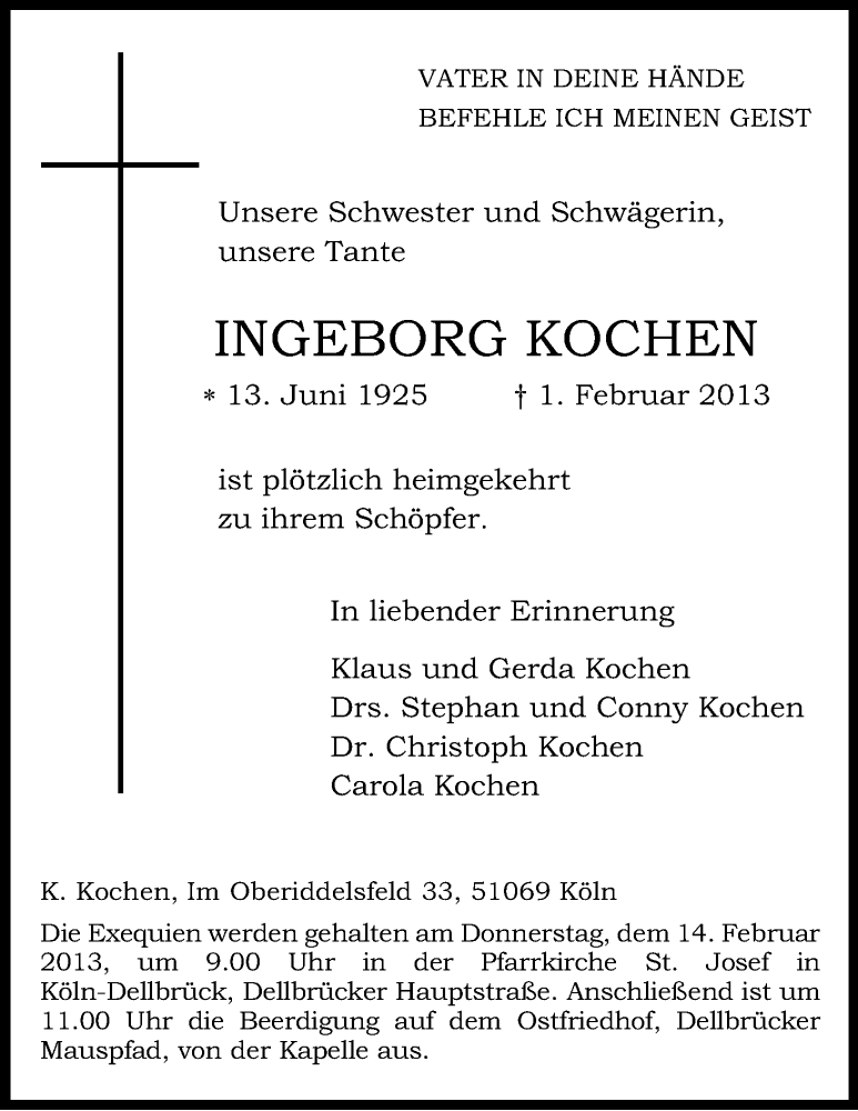  Traueranzeige für Ingeborg Kochen vom 09.02.2013 aus Kölner Stadt-Anzeiger / Kölnische Rundschau / Express