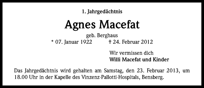  Traueranzeige für Agnes Macefat vom 20.02.2013 aus Kölner Stadt-Anzeiger / Kölnische Rundschau / Express