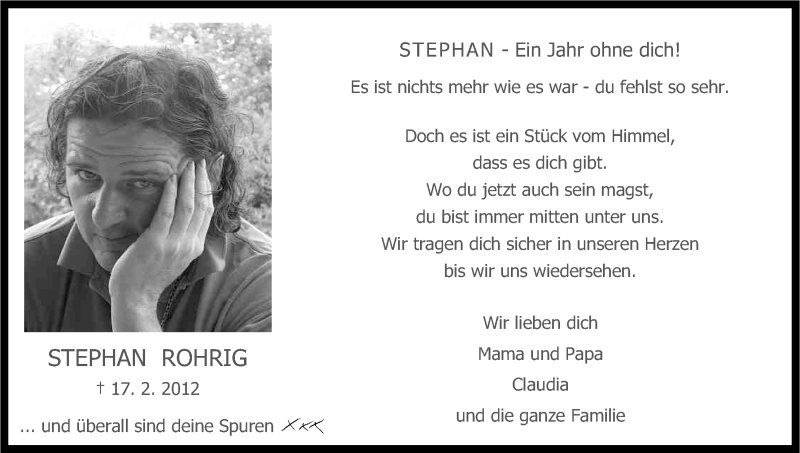  Traueranzeige für Stephan Rohrig vom 16.02.2013 aus Kölner Stadt-Anzeiger / Kölnische Rundschau / Express
