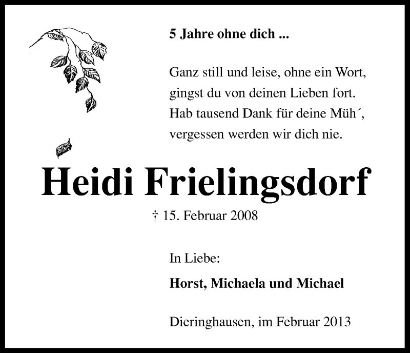  Traueranzeige für Heidi Frielingsdorf vom 15.02.2013 aus Kölner Stadt-Anzeiger / Kölnische Rundschau / Express