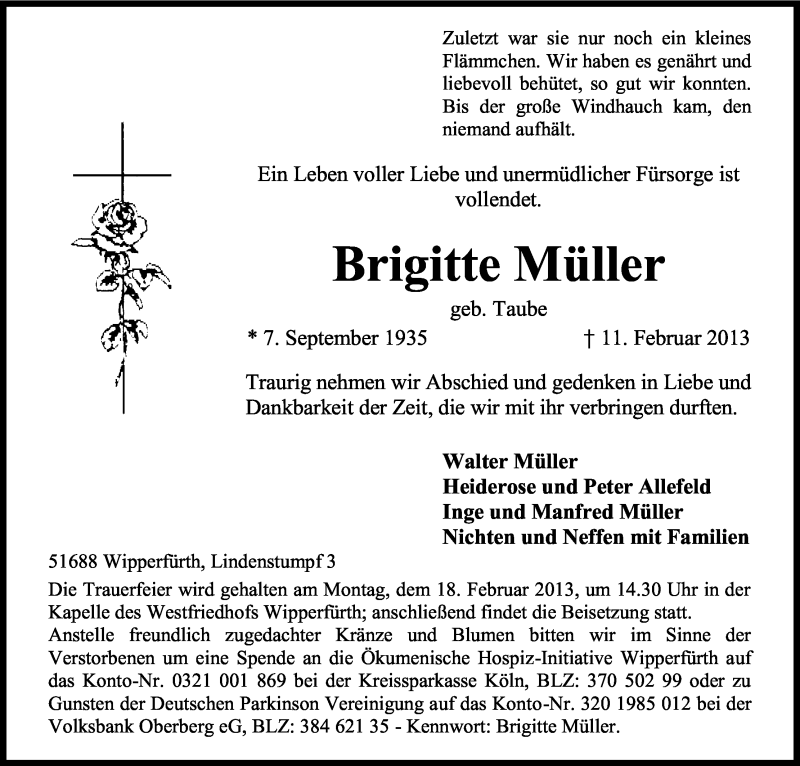  Traueranzeige für Brigitte Müller vom 14.02.2013 aus Kölner Stadt-Anzeiger / Kölnische Rundschau / Express