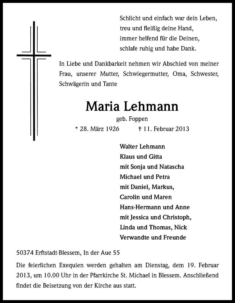  Traueranzeige für Maria Lehmann vom 15.02.2013 aus Kölner Stadt-Anzeiger / Kölnische Rundschau / Express