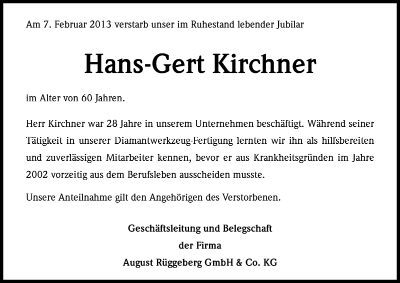  Traueranzeige für Hans-Gert Kirchner vom 15.02.2013 aus Kölner Stadt-Anzeiger / Kölnische Rundschau / Express