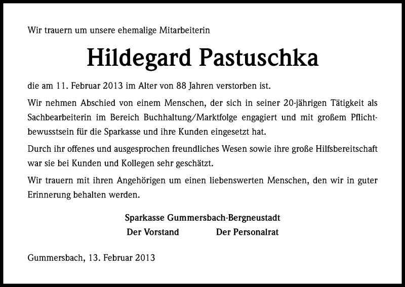  Traueranzeige für Hildegard Pastuschka vom 15.02.2013 aus Kölner Stadt-Anzeiger / Kölnische Rundschau / Express