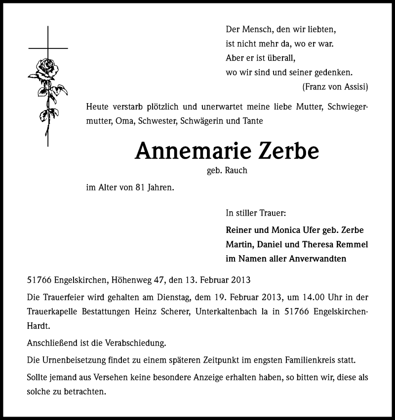  Traueranzeige für Annemarie Zerbe vom 15.02.2013 aus Kölner Stadt-Anzeiger / Kölnische Rundschau / Express