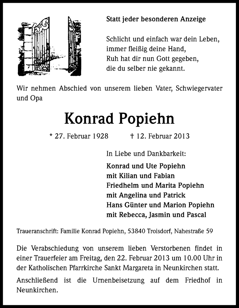  Traueranzeige für Konrad Popiehn vom 15.02.2013 aus Kölner Stadt-Anzeiger / Kölnische Rundschau / Express