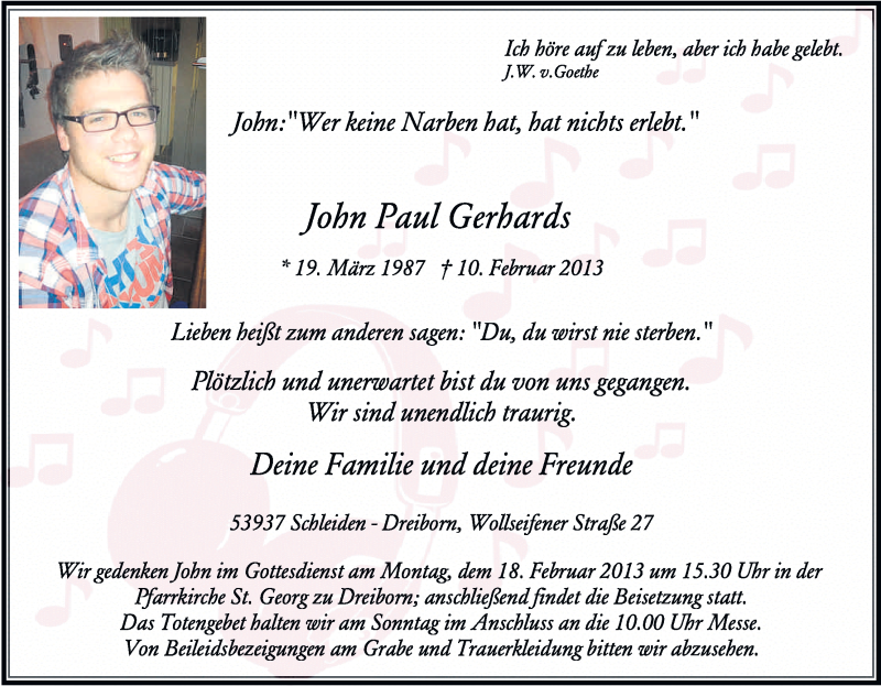  Traueranzeige für John Paul Gerhards vom 15.02.2013 aus Kölner Stadt-Anzeiger / Kölnische Rundschau / Express