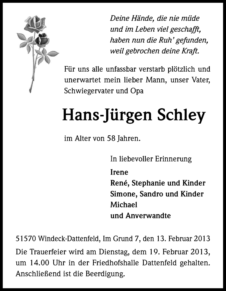  Traueranzeige für Hans-Jürgen Schley vom 15.02.2013 aus Kölner Stadt-Anzeiger / Kölnische Rundschau / Express