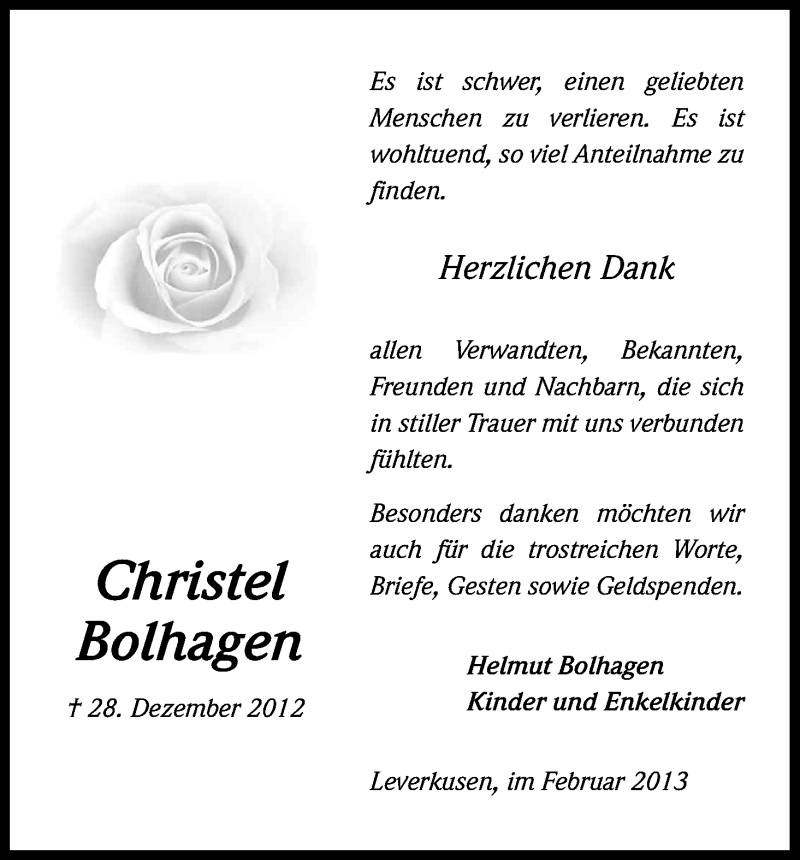  Traueranzeige für Christel Bolhagen vom 16.02.2013 aus Kölner Stadt-Anzeiger / Kölnische Rundschau / Express