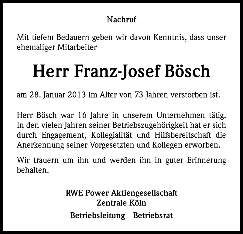 Traueranzeige für Franz-Josef Bösch vom 15.02.2013 aus Kölner Stadt-Anzeiger / Kölnische Rundschau / Express