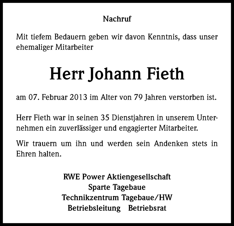  Traueranzeige für Johann Fieth vom 15.02.2013 aus Kölner Stadt-Anzeiger / Kölnische Rundschau / Express