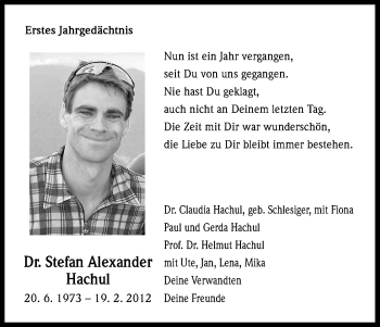 Anzeige von Stefan Alexander Hachul von Kölner Stadt-Anzeiger / Kölnische Rundschau / Express