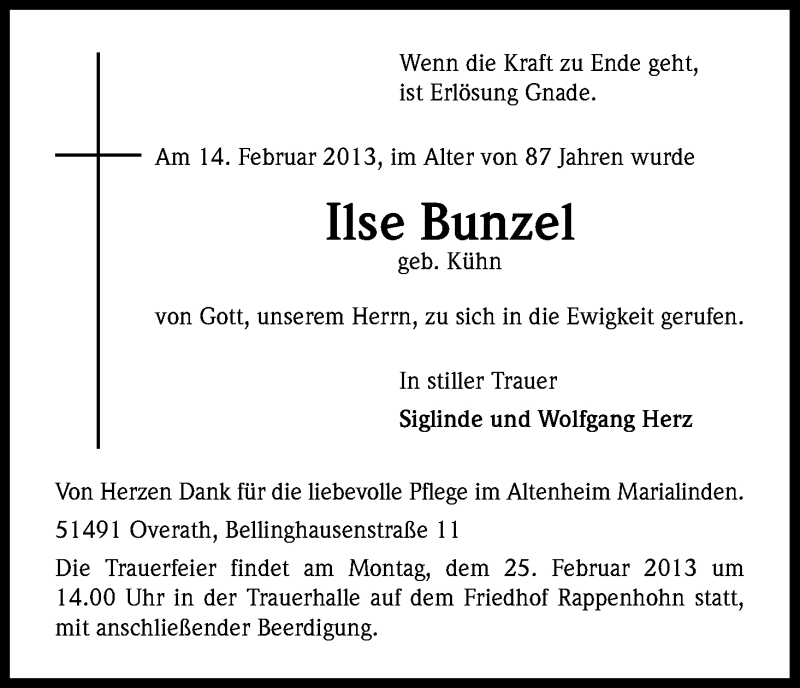  Traueranzeige für Ilse Bunzel vom 16.02.2013 aus Kölner Stadt-Anzeiger / Kölnische Rundschau / Express