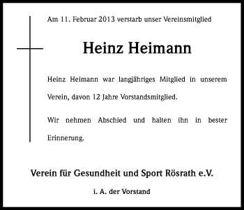 Anzeige von Heinz Heimann von Kölner Stadt-Anzeiger / Kölnische Rundschau / Express