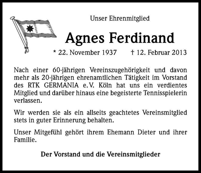  Traueranzeige für Agnes Ferdinand vom 20.02.2013 aus Kölner Stadt-Anzeiger / Kölnische Rundschau / Express