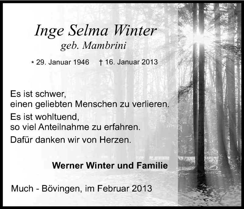 Traueranzeige für Inge Selma Winter vom 20.02.2013 aus Kölner Stadt-Anzeiger / Kölnische Rundschau / Express