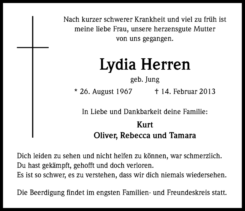  Traueranzeige für Lydia Herren vom 20.02.2013 aus Kölner Stadt-Anzeiger / Kölnische Rundschau / Express