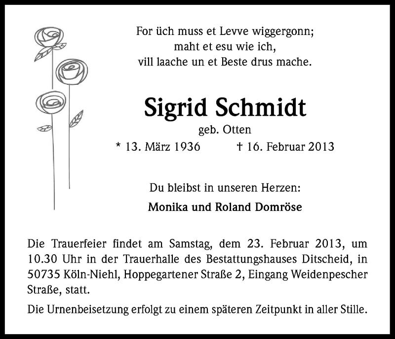 Traueranzeige für Sigrid Schmidt vom 20.02.2013 aus Kölner Stadt-Anzeiger / Kölnische Rundschau / Express