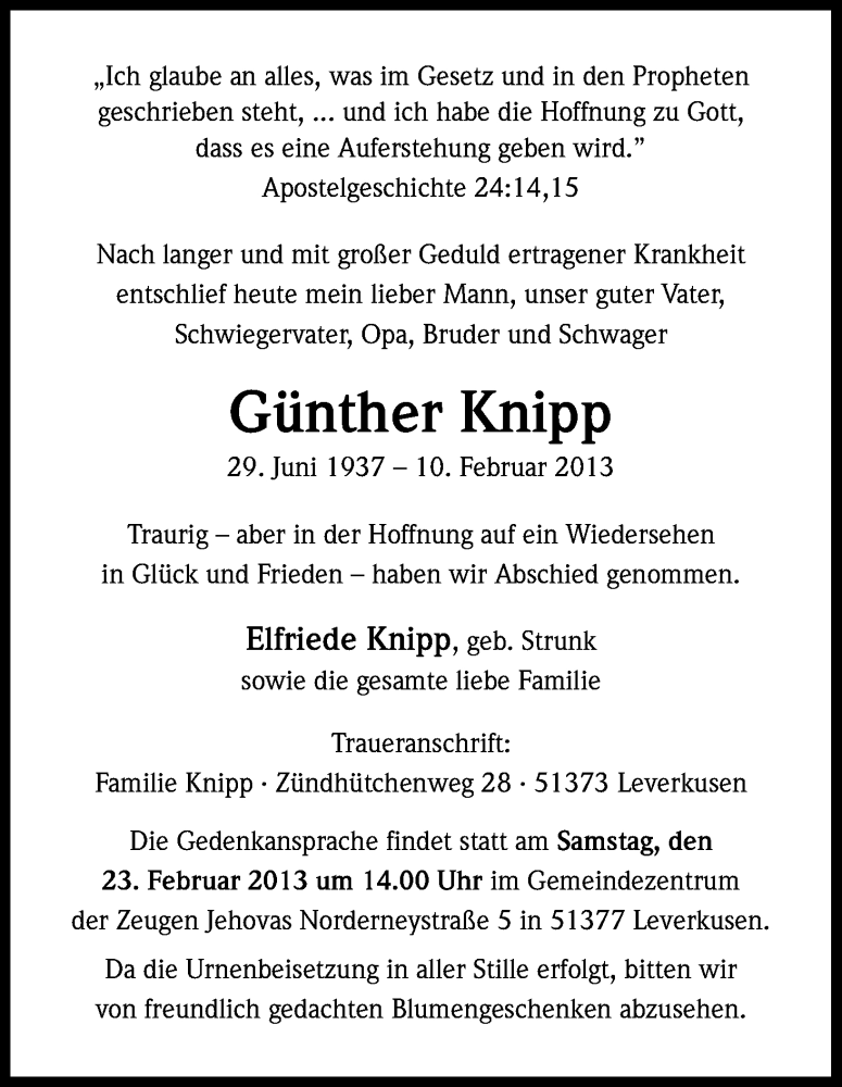  Traueranzeige für Günther Knipp vom 20.02.2013 aus Kölner Stadt-Anzeiger / Kölnische Rundschau / Express