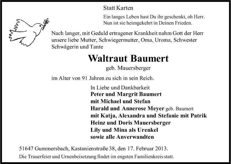  Traueranzeige für Waltraut Baumert vom 20.02.2013 aus Kölner Stadt-Anzeiger / Kölnische Rundschau / Express