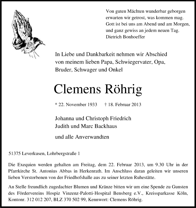  Traueranzeige für Clemens Röhrig vom 20.02.2013 aus Kölner Stadt-Anzeiger / Kölnische Rundschau / Express
