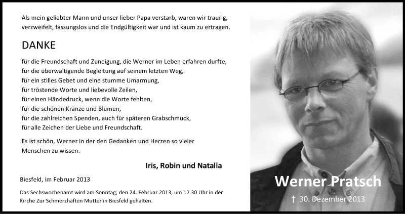  Traueranzeige für Werner Pratsch vom 20.02.2013 aus Kölner Stadt-Anzeiger / Kölnische Rundschau / Express