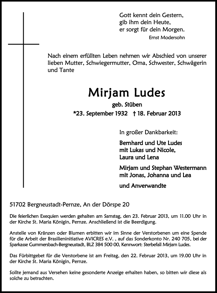  Traueranzeige für Mirjam Ludes vom 20.02.2013 aus Kölner Stadt-Anzeiger / Kölnische Rundschau / Express