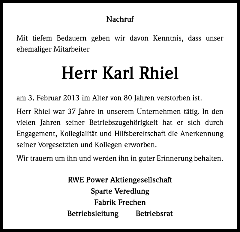  Traueranzeige für Karl Rhiel vom 21.02.2013 aus Kölner Stadt-Anzeiger / Kölnische Rundschau / Express