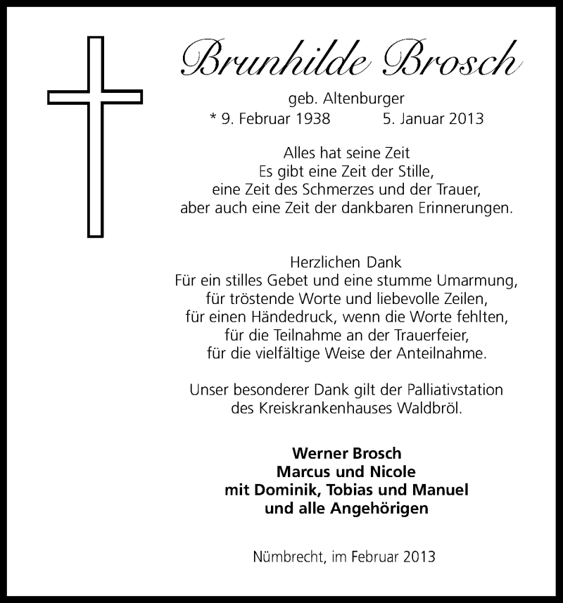  Traueranzeige für Brunhilde Brosch vom 21.02.2013 aus Kölner Stadt-Anzeiger / Kölnische Rundschau / Express