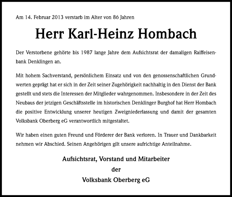  Traueranzeige für Karl-Heinz Hombach vom 21.02.2013 aus Kölner Stadt-Anzeiger / Kölnische Rundschau / Express