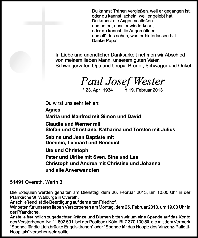  Traueranzeige für Paul Josef Wester vom 21.02.2013 aus Kölner Stadt-Anzeiger / Kölnische Rundschau / Express