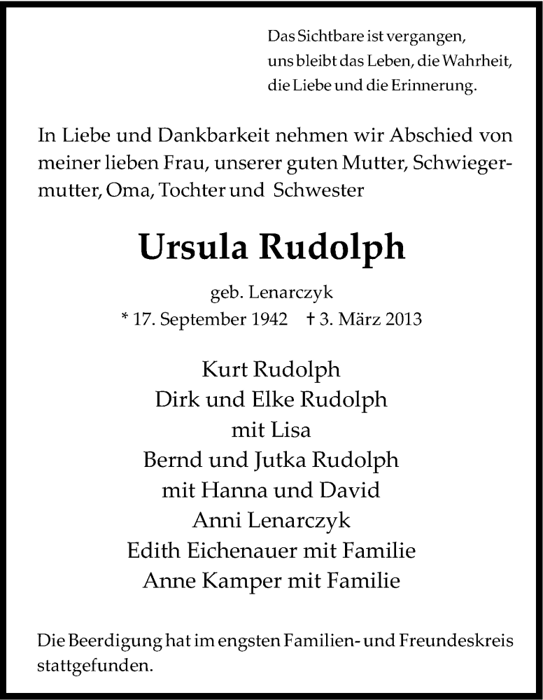  Traueranzeige für Ursula Rudolph vom 16.03.2013 aus Kölner Stadt-Anzeiger / Kölnische Rundschau / Express