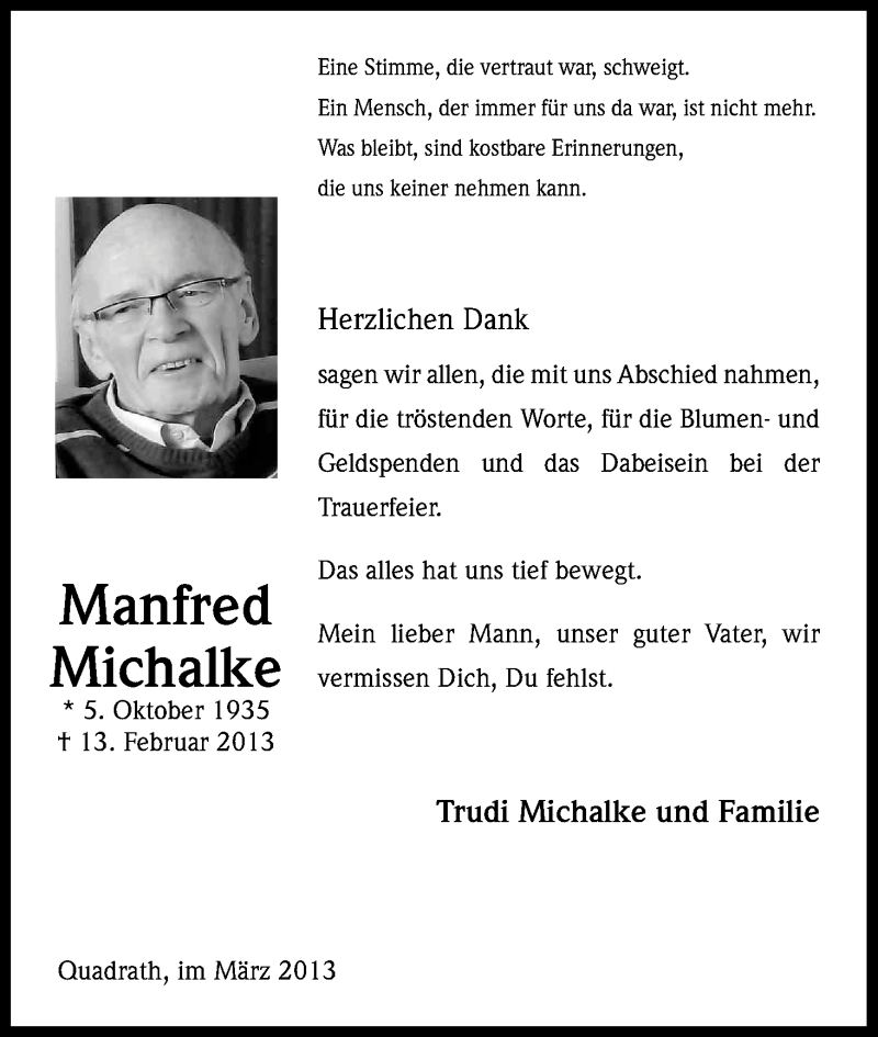  Traueranzeige für Manfred Michalke vom 09.03.2013 aus Kölner Stadt-Anzeiger / Kölnische Rundschau / Express
