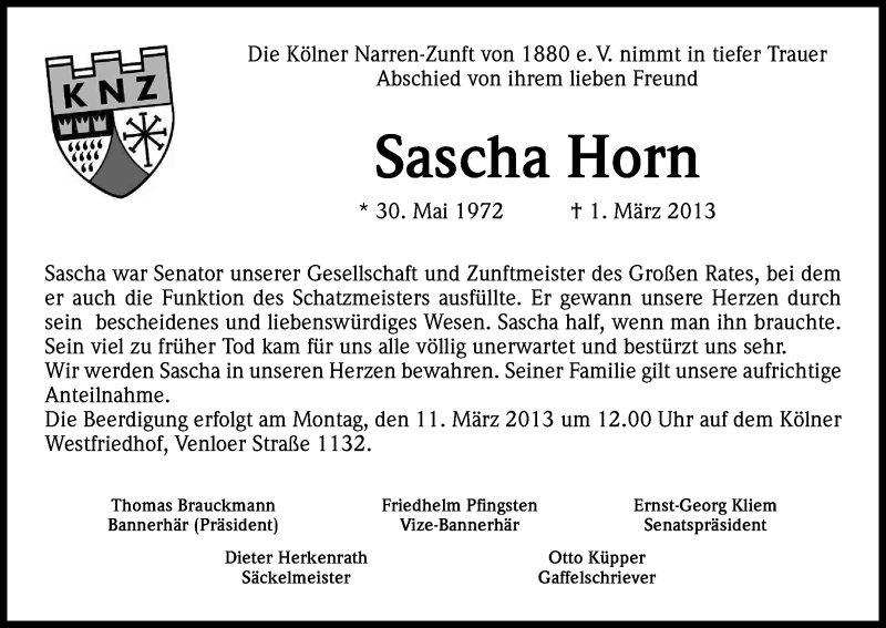  Traueranzeige für Sascha Horn vom 09.03.2013 aus Kölner Stadt-Anzeiger / Kölnische Rundschau / Express