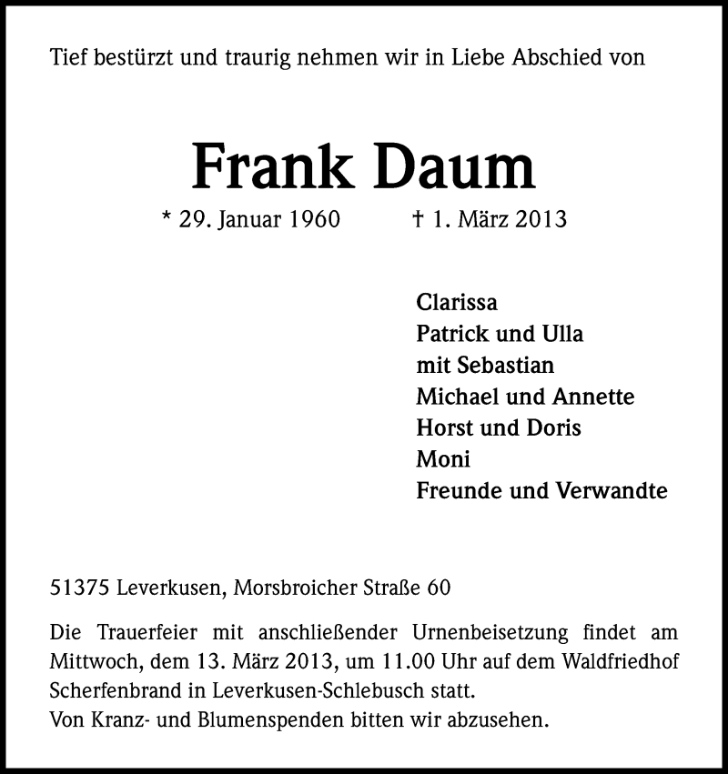  Traueranzeige für Frank Daum vom 09.03.2013 aus Kölner Stadt-Anzeiger / Kölnische Rundschau / Express