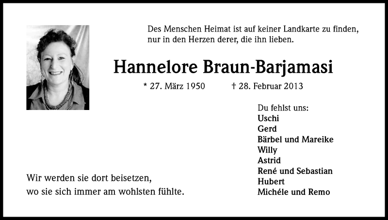  Traueranzeige für Hannelore Braun-Barjamasi vom 16.03.2013 aus Kölner Stadt-Anzeiger / Kölnische Rundschau / Express