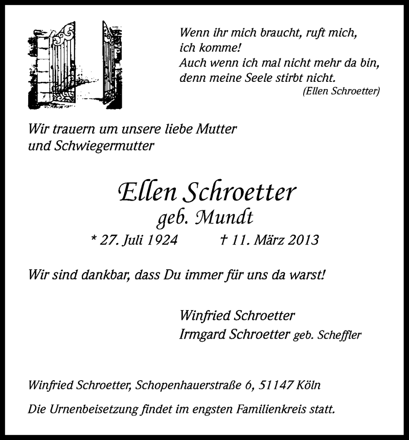  Traueranzeige für Ellen Schroetter vom 23.03.2013 aus Kölner Stadt-Anzeiger / Kölnische Rundschau / Express