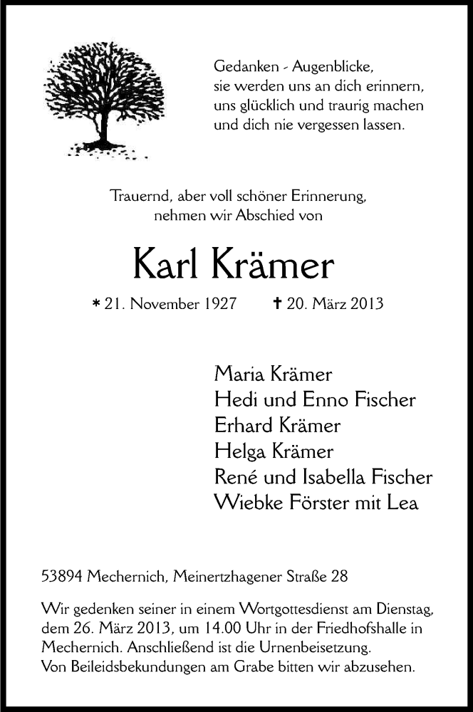  Traueranzeige für Karl Krämer vom 23.03.2013 aus Kölner Stadt-Anzeiger / Kölnische Rundschau / Express