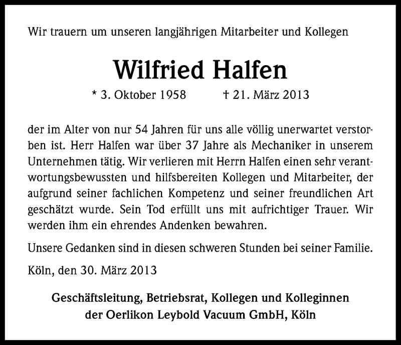  Traueranzeige für Wilfried Halfen vom 30.03.2013 aus Kölner Stadt-Anzeiger / Kölnische Rundschau / Express