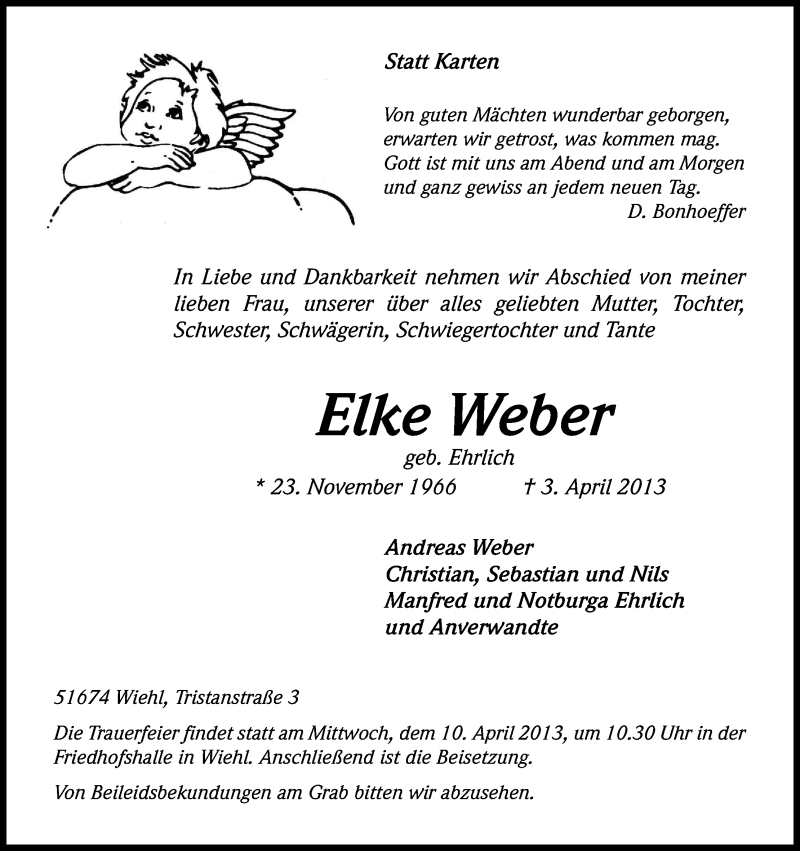  Traueranzeige für Elke Weber vom 06.04.2013 aus Kölner Stadt-Anzeiger / Kölnische Rundschau / Express