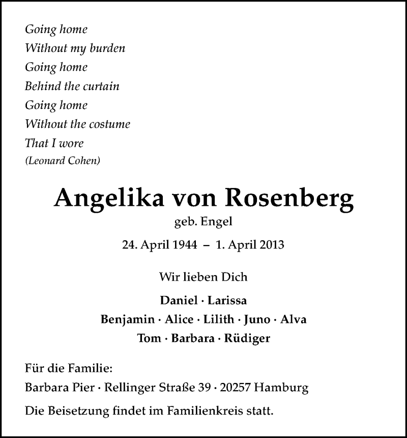  Traueranzeige für Angelika von Rosenberg vom 06.04.2013 aus Kölner Stadt-Anzeiger / Kölnische Rundschau / Express